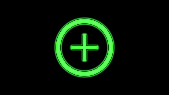 Glowing green neon plus sign within double circles, healthcare, pharmacy, or positive energy icon.