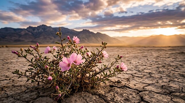 Bunga kecil berwarna pink tumbuh di tanah kering dataran gurun saat matahari terbenam, menampilkan keindahan alam dan ketahanan terhadap kondisi ekstrem