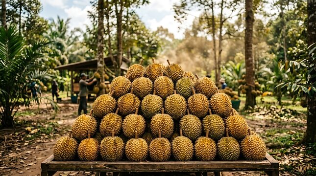 Tumpukan durian segar di pasar buah tropis dengan latar belakang pohon dan penjual lokal untuk konsep belanja makanan alami dan segar