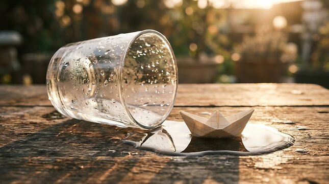 Gelas plastik dan kapal kertas terbalik di papan kayu matahari terbenam suasana santai dan alam terbuka