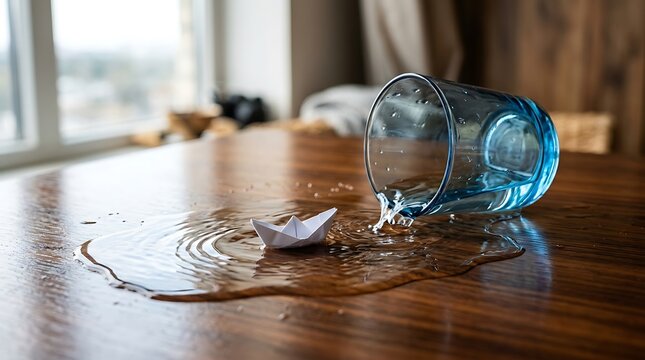 Gelas plastik tumpah di meja kayu dengan perahu kertas kecil, konsep kekacauan dan keheeranan dalam suasana rumah
