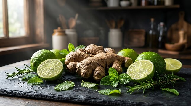 Jahe segar dan jeruk nipis segitiga di atas papan batu hitam di dapur alami dan sehat
