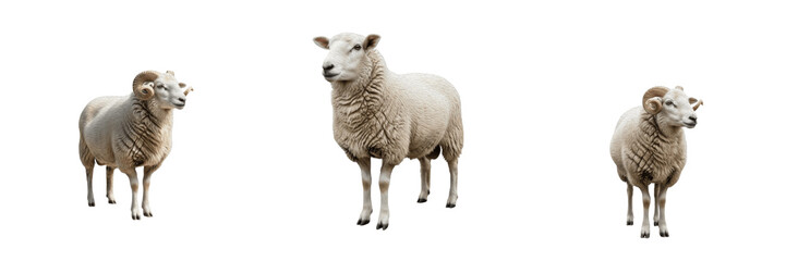 Fototapeta premium Adult White Ram and Sheep Set with Horns Standing Isolated on White Background