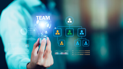 Team leadership concept showing innovation idea, organizational structure, team management, collaboration workflow, business strategy, creative thinking, performance growth corporate organizations. © chaylek