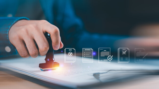 Document approval and verification concept illustrating validation, compliance checking, and business authorization processes. Suitable for legal services, corporate audit, contract management