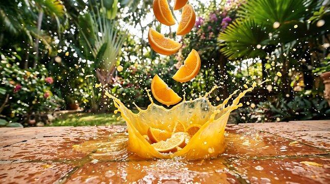 Jeruk Segar Terjun ke Permukaan di Taman Tropis sebagai Konsep Minuman dan Kesegaran Musiman