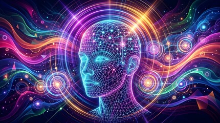 Fototapeta premium Abstract digital representation of a human head with wireframe mesh and brain circuit, surrounded by colorful waves and rings, symbolizing AI artificial intelligence, technology, consciousness, and da
