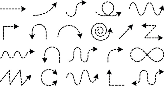 Vector collection of black dashed and dotted arrow icons with curved and wavy line pointers for directional motion paths, on transparent background