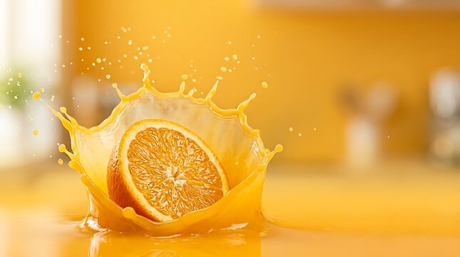 Jeruk segar tersentuh cairan jeruk dan splash kuning cerah untuk konsep minuman sehat dan energik