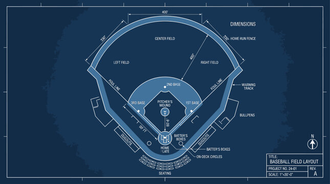 Baseball Field Technical Blueprint Line Art Sports Diagram Vector Illustration