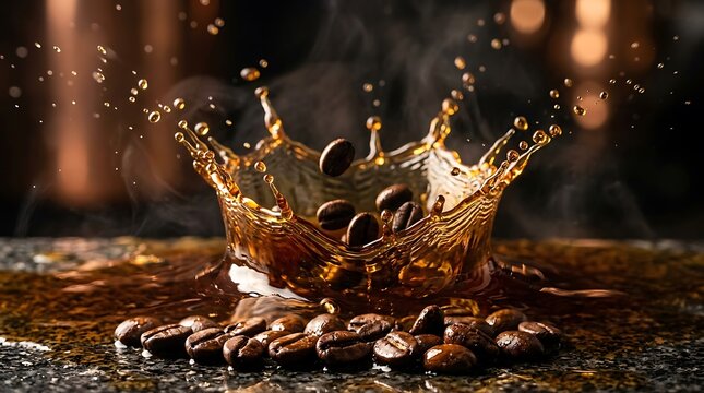 Bijih kopi hitam sedang jatuh ke permukaan air coklat tua dengan percikan dinamis dan efek tetesan cairan secangkir kopi segar untuk konten minuman hangat