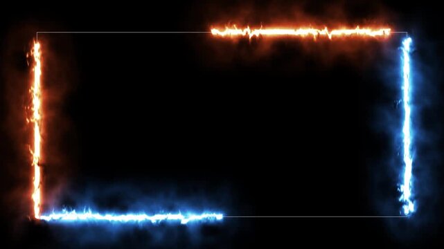 Rectangular frame with blue and orange energy fire effects. Cinematic ice and flame border for gaming or versus screen.