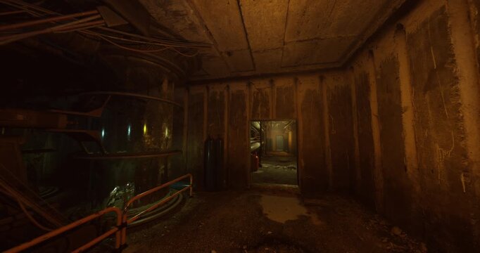 shadowed hallway with warm amber illumination and corroded railings, salvage crew access point implied, scattered debris and worn concrete, oxidized textures