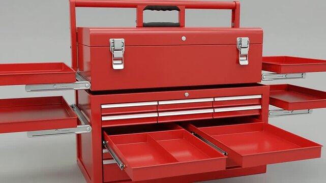A detailed view of an open, red metal toolbox with multiple drawers and trays for tools storage