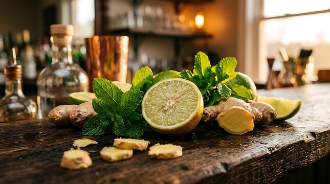 Jeruk Lemon segar dengan daun mint di atas meja kayu alami untuk minuman sehat dan penampilan alami restoran