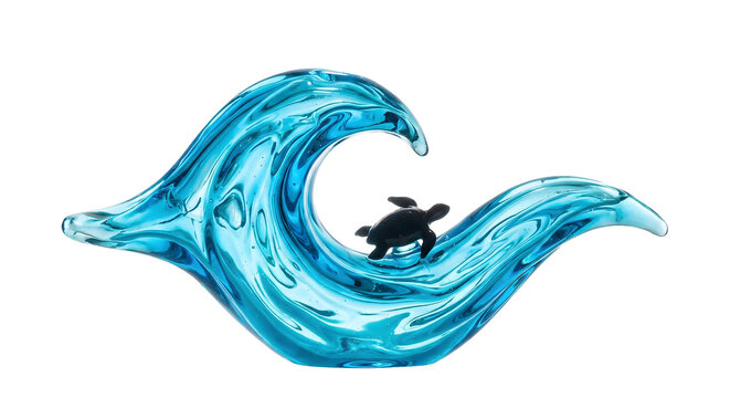 Stylized conceptual 3D render of a curling ocean crest blue glass a small black sea turtle silhouette swimming inside the transparent crystal structure isolate