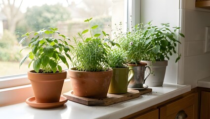 Fototapeta premium Kitchen herbs growing on windowsill