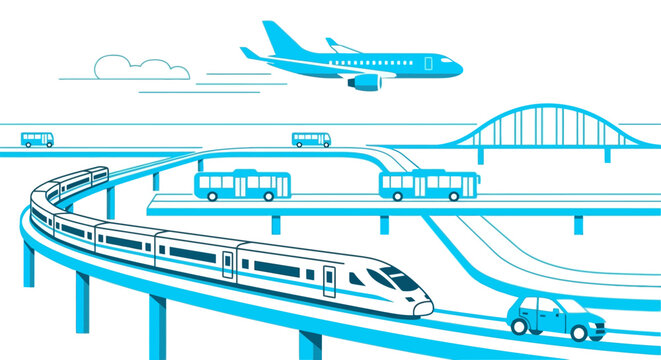 Modern Integrated Transportation Network Vector Illustration with High-Speed Train Plane and Bus
