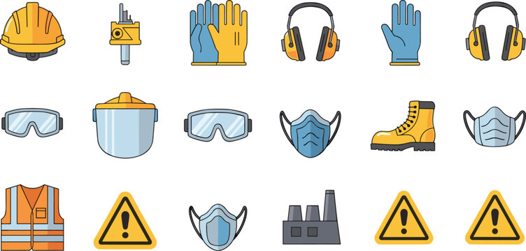 Industrial Personal Protective Equipment (PPE) Vector Icon Set Featuring Hard Hat, Safety Glasses, Ear Protection, Respirator Mask, Gloves, and Warning Signs