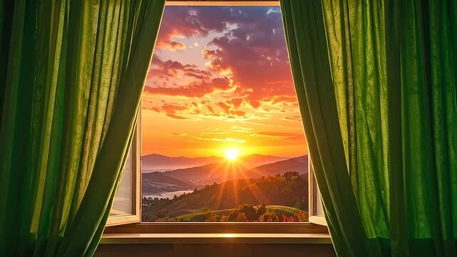 A beautiful sunrise view through an open window with green curtains and a bright sun
