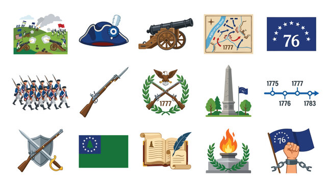 Collection of illustrations depicting various symbols and scenes from the American Revolutionary War, including soldiers, weaponry, flags, and historical documents.