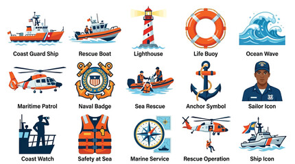 Collection of maritime and rescue-related icons, including ships, boats, aircraft, lighthouses, life buoys, waves, personnel, and safety equipment. © GJ