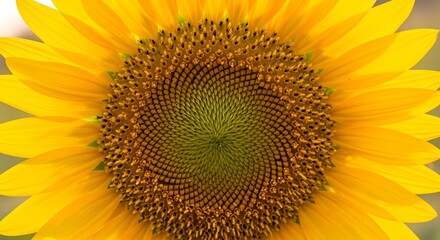 Obraz premium Close-up of a vibrant sunflowers intricate seed pattern and bright yellow petals.