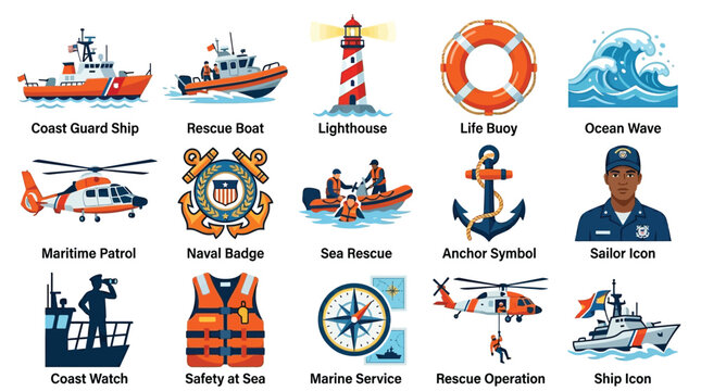 Collection of maritime and rescue-related icons, including ships, boats, aircraft, lighthouses, life buoys, waves, personnel, and safety equipment.