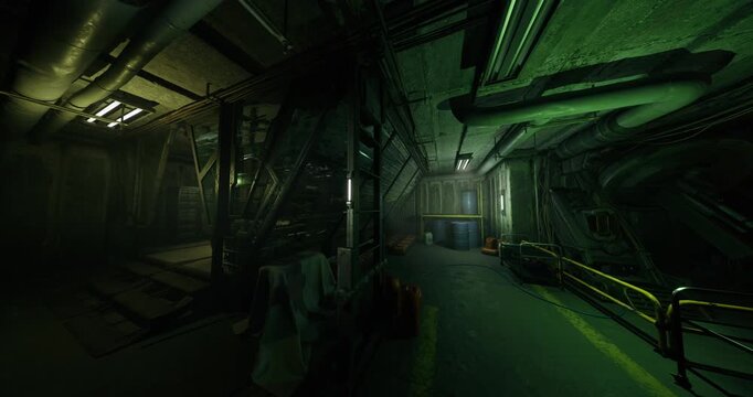 shadowed service walkway with hanging cloths, tangled hoses, dripping condensation, dim safety lights, corroded beams, industrial debris, eerie quiet, urban