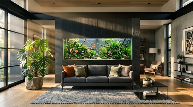 Sofa Modern di Ruang Tamu dengan Akuarium Besar Menampilkan Ikan Berwarna-warni dan Dekorasi Alam