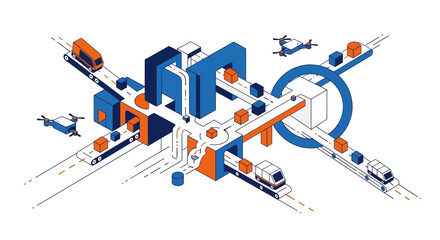 Fototapeta premium Smart Logistics and Automated Supply Chain Isometric Illustration with Warehouse Distribution, Conveyor Belts and Delivery Drones