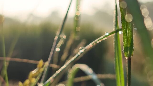 Sparkling dew drops on grass blades at dawn. An evocative vertical close-up highlighting the beauty of small natural details and environmental purity.