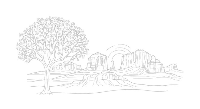 A winter landscape with snow covered trees and a vector illustration of a black and white sketch showing a cold forest road near a frozen river and bridge