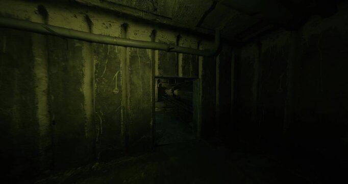 narrow service tunnel with heavy piping and dim walkway lights, aged brackets and grease stains lining walls industrial grit and dense atmosphere create moody,