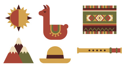 Andean cultural symbols including llama mountains sun and flute. © art.Co