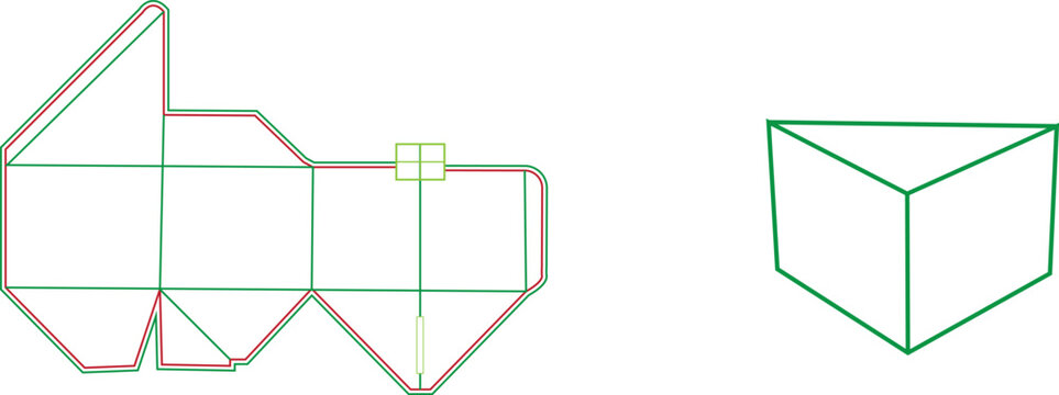 Technical Packaging Template and 3D Model Illustration of a Triangular Cardboard Box with Die Cut Lines