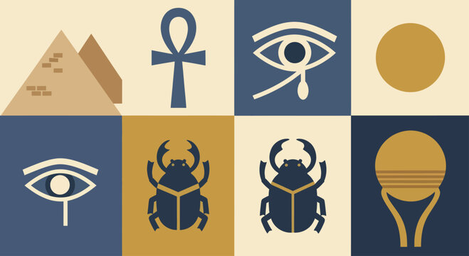 Ancient Egyptian Symbols Collection Pyramids Ankh Eye of Horus Scarab Beetle Sun.