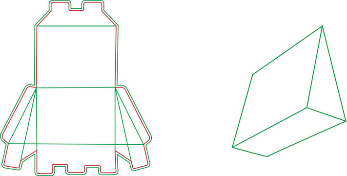 Triangular prism packaging box dieline template with 3D mockup presentation and folding lines