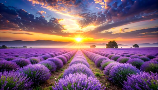A vibrant, expansive landscape of lavender fields basked in a radiant sunset. Rows of purple flowers lead to the sun, beneath a cloudy sky