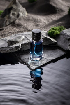 Sophisticated blue perfume illuminated by moonlight in the wilderness.