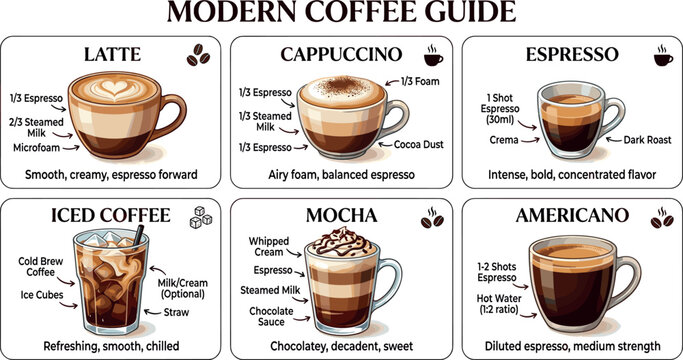 Hand drawn doodle set of various coffee types and beverages with cute heart frames for coffee shop branding, on transparent background