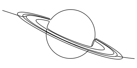 Minimalist single continuous line drawing of the planet saturn with its iconic planetary rings. © Sojib