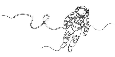 A continuous line drawing of an astronaut floating in deep space attached to a long safety tether © Sojib