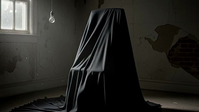 Mysterious Dark Cloth Covered Object Indoor Scene.