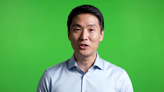 A young Asian man in a light blue shirt looking directly at the camera with a neutral expression, set against a green background.