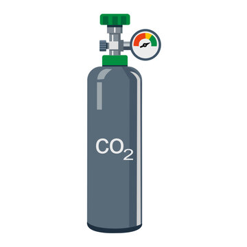 Vector illustration of CO2 gas cylinder with valve and pressure gauge, industrial equipment for energy and science, perfect for design and technical backgrounds.