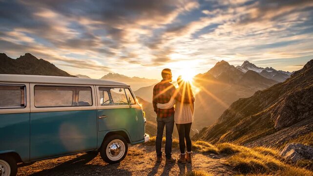 Couple with camper van watching dramatic sunset over mountains