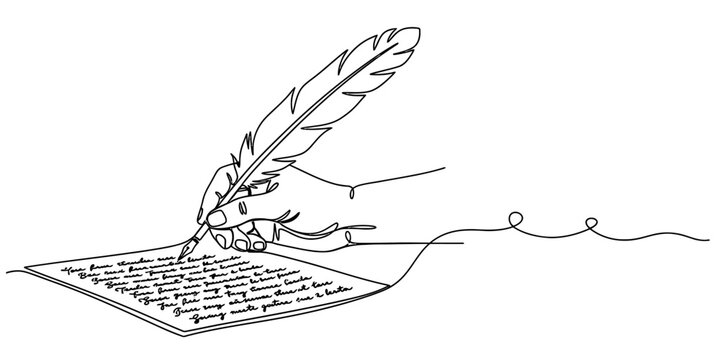 A continuous line drawing illustration of a hand writing with a vintage quill on a piece of paper