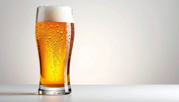 白い背景にコピースペース付きの結露したジョッキに注がれた冷たいビール