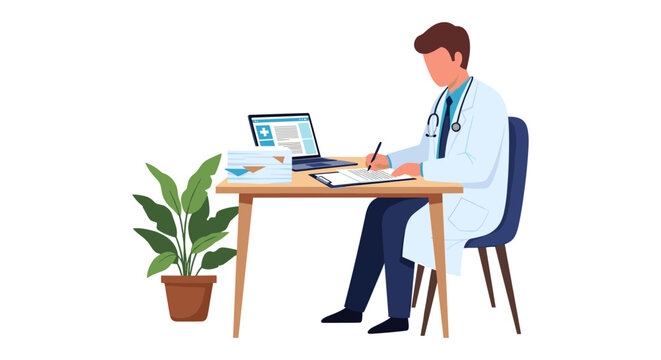 Professional doctor writing medical notes on clipboard at desk with laptop and stack of paper files in clean office environment vector illustration for healthcare administration and management.